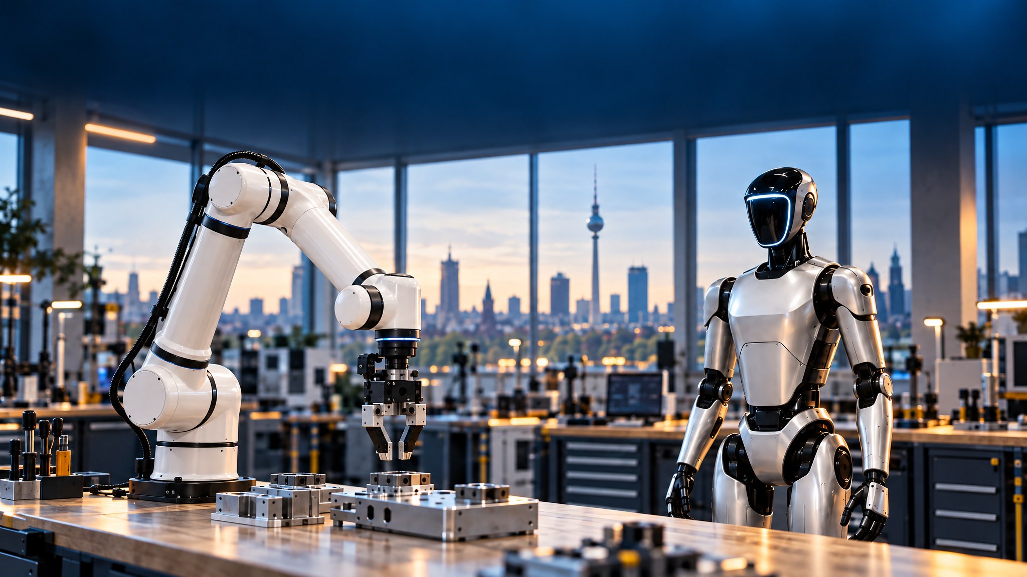 Cobot-Roboterarm und humanoider Roboter in einem Trainingslabor mit Blick auf die Berliner Skyline